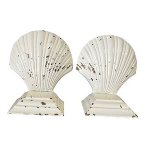 Vintage antique brass and White Sea shell coastal decor book ends